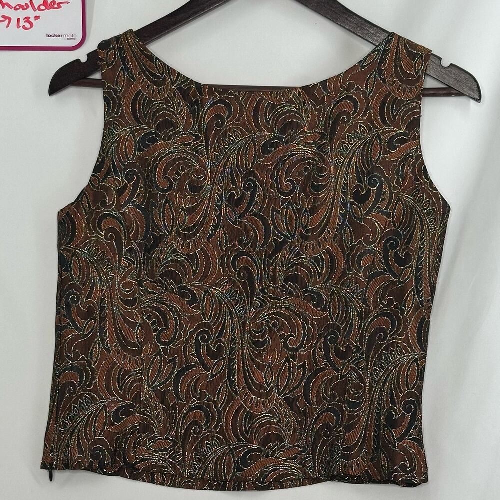 Vintage Positive Attitude Jacquard Gold Brown Metallic Paisley Tank Top 10P Glam - Picture 2 of 5